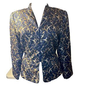 ADRIANNA PAPELL Silk Jacket 14 Navy Blue Gold Fleur De Lis Work Wedding Party